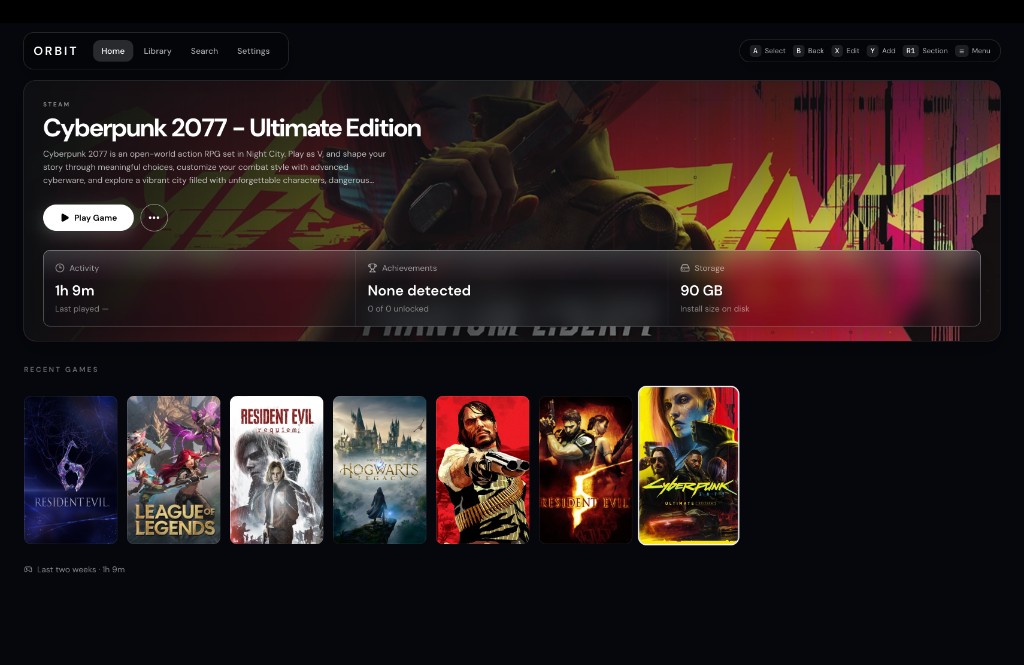 Orbit default theme with hero and recent games row